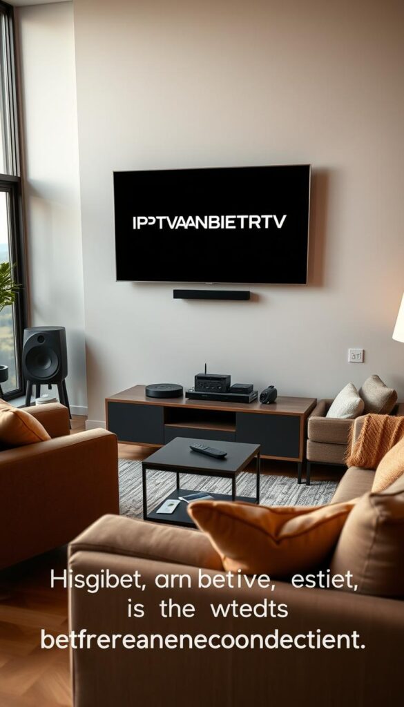 A cozy living room with a large flatscreen TV mounted on the wall, showcasing the IPTVANBIETERTV brand. The room is softly lit, creating a warm and inviting atmosphere. In the foreground, a comfortable sofa and armchair are arranged, with a small table in the center holding a remote control. The middle ground features a sleek media console with various streaming devices, hinting at the diverse entertainment options provided by IPTVANBIETERTV. The background depicts a large window overlooking a picturesque landscape, suggesting the availability of high-quality content even with a weak internet connection. The overall composition conveys a sense of relaxation and the reliable, affordable entertainment experience offered by IPTVANBIETERTV.