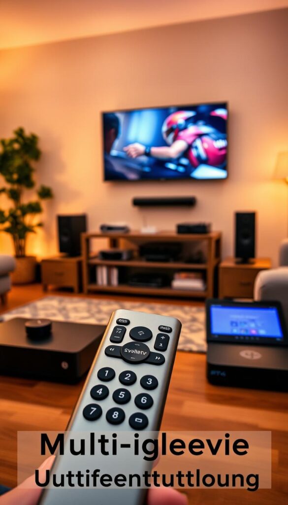 A cozy living room with a large flatscreen TV mounted on the wall, surrounded by various electronic devices such as a gaming console, a streaming box, and a tablet. The room is bathed in warm, ambient lighting, creating a relaxed and inviting atmosphere. In the foreground, a sleek and modern remote control with the IPTVANBIETERTV logo prominently displayed, hinting at the seamless integration of these devices for a multi-device entertainment experience. The overall scene conveys a sense of flexibility, connectivity, and the ability to enjoy content on any device, reflecting the "Multigeräte-Unterstützung" concept.