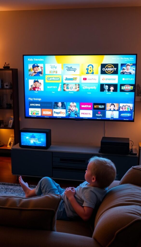 A cozy living room with a large flatscreen TV prominently displayed, showcasing the diverse range of channels offered by IPTVANBIETERTV, including family-friendly kids' programming. The room is illuminated by warm, soft lighting, creating a welcoming atmosphere. In the foreground, a young child is comfortably lounging on a plush sofa, captivated by the engaging content on the screen. The middle ground features a modern media center with advanced recording and playback capabilities, allowing for flexible family viewing. The background depicts a well-appointed, contemporary home interior, emphasizing the seamless integration of IPTVANBIETERTV's services into the family's lifestyle.