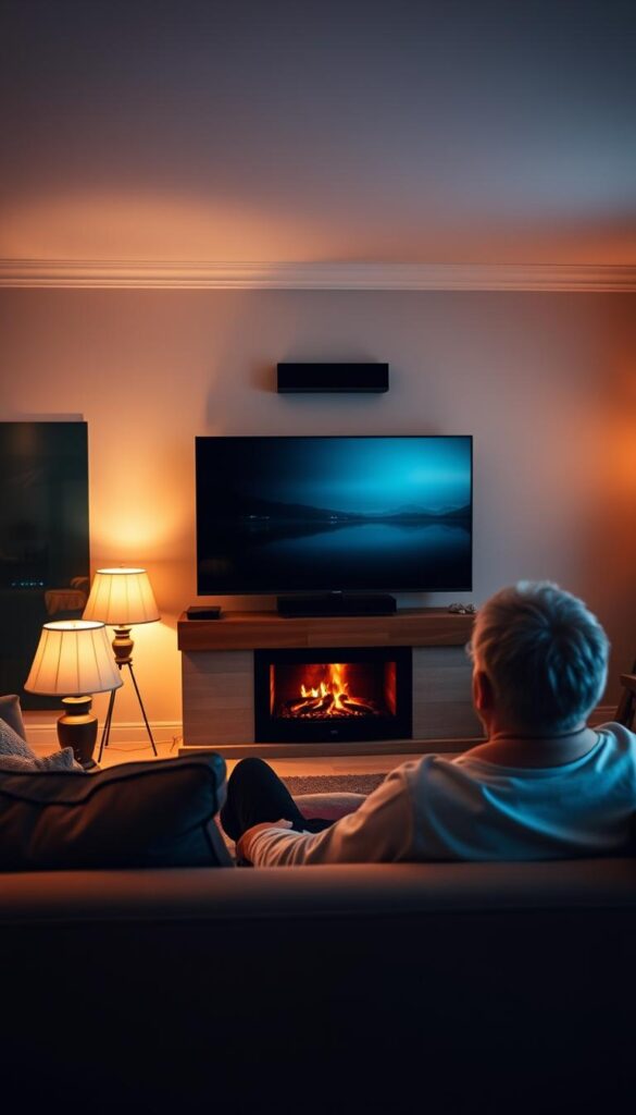 A cozy living room with a large flatscreen TV, showcasing the crisp, high-quality IPTV image from IPTVANBIETERTV despite a poor internet connection. Soft, warm lighting from table lamps and a fireplace creates a comfortable, inviting atmosphere. The TV is prominently displayed, with a minimalist, modern entertainment setup surrounding it. In the foreground, a person relaxes on a plush sofa, fully immersed in the content, unaffected by the slow internet speeds. The overall scene conveys the reliable, high-performance IPTV experience offered by IPTVANBIETERTV, even in areas with suboptimal internet infrastructure.