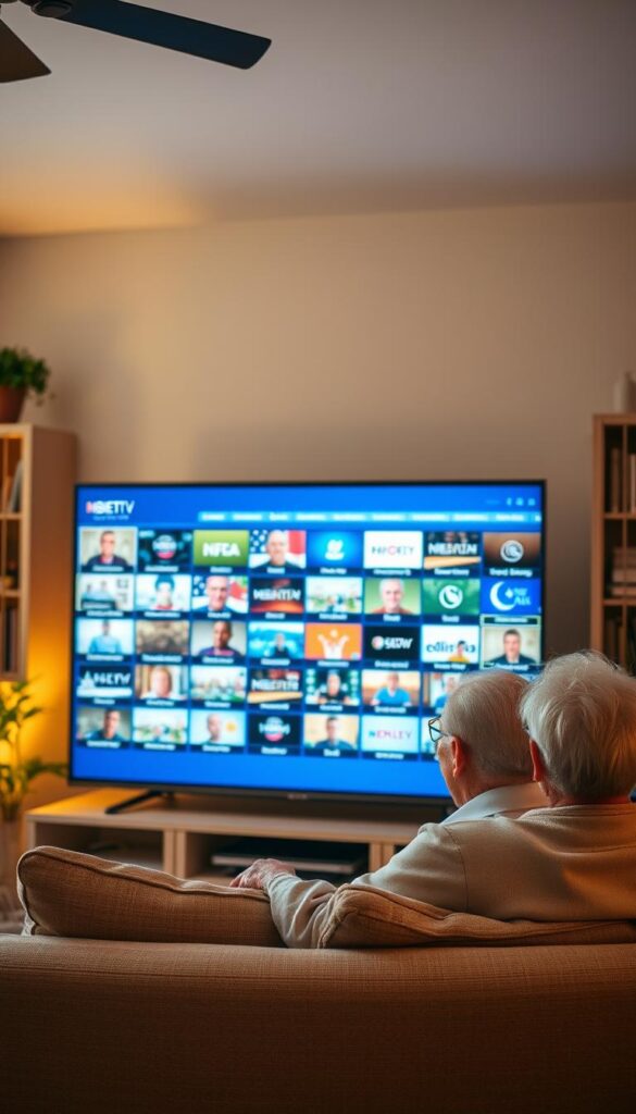 A cozy living room with a large, high-definition television set prominently displayed. The television is showing a diverse array of channels, from news and sports to entertainment and cultural programming. The room is bathed in warm, soft lighting, creating a comfortable and inviting atmosphere. In the foreground, an elderly couple sits on a plush sofa, engaged in the content on the screen, their faces reflecting the joy and excitement of discovering the vast selection of channels offered by the IPTVANBIETERTV service. The background features bookshelves, potted plants, and other subtle details that suggest a well-appointed, senior-friendly environment.