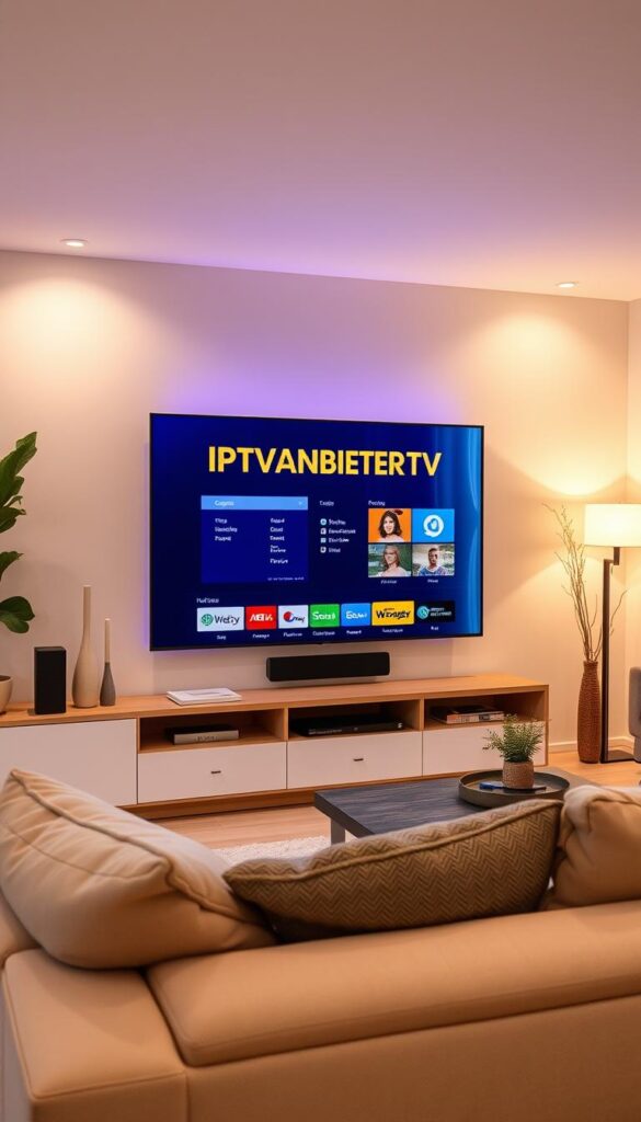 A cozy living room with a large smart TV displaying the IPTVANBIETERTV brand. The TV is mounted on a modern wall unit, surrounded by minimalist home decor. Soft, warm lighting casts a welcoming glow, and the room's neutral tones create a relaxing atmosphere. The TV screen showcases a sleek, user-friendly interface, hinting at the seamless setup and intuitive experience of the IPTVANBIETERTV service. The overall scene conveys the ease and comfort of using IPTVANBIETERTV on a smart TV in a German household.