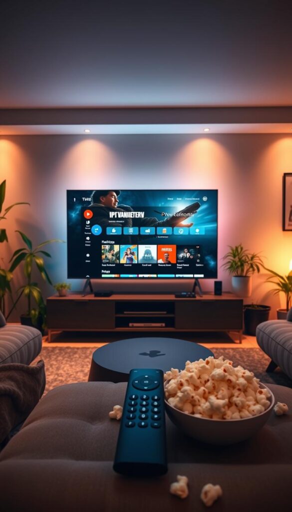 A cozy living room with a large smart TV displaying the IPTVANBIETERTV streaming interface. Soft ambient lighting casts a warm glow, creating a relaxed, cinematic atmosphere. The TV is centered on a modern entertainment unit, surrounded by plush seating and lush indoor plants. In the foreground, a sleek remote control and a bowl of popcorn sit on a low coffee table, inviting viewers to sit back and enjoy the ultimate home cinema experience.