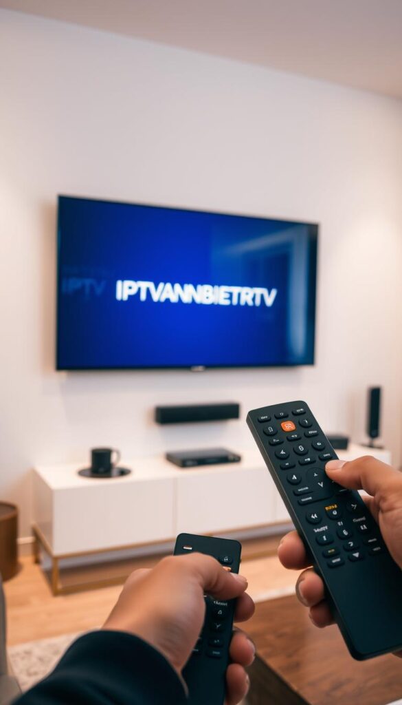 A cozy living room with a large smart TV mounted on the wall. The TV screen displays the IPTVANBIETERTV logo, indicating the IPTV service is set up and ready to use. In the foreground, a person's hands are shown holding a modern, sleek TV remote, ready to navigate the IPTV interface. The room is illuminated by a soft, warm lighting, creating a relaxed and inviting atmosphere. The background features minimalist decor, emphasizing the focus on the TV and IPTV experience.