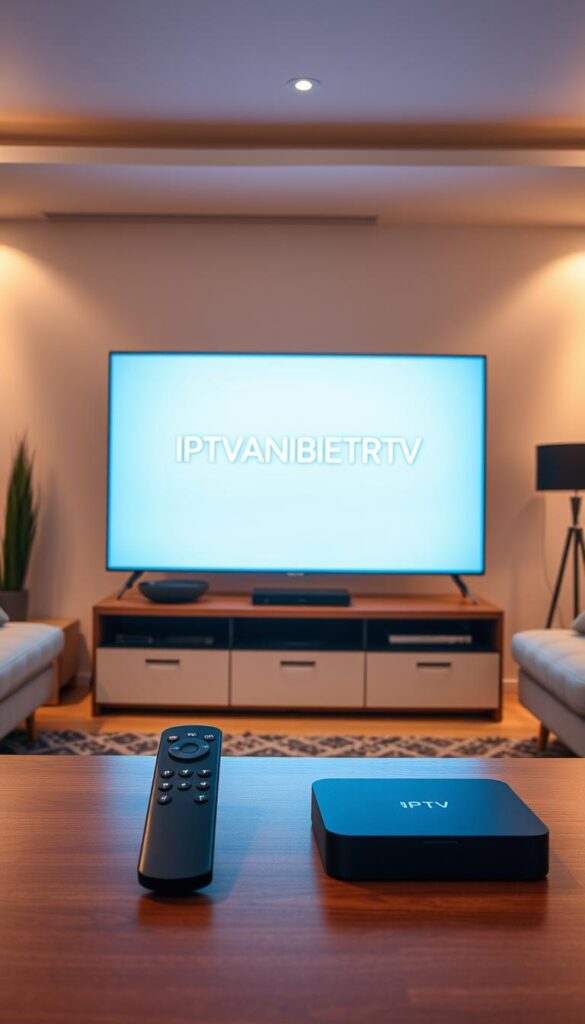 A cozy living room with a large smart TV, surrounded by modern furniture and decor. The room is well-lit, with warm, soft lighting highlighting the sleek, minimalist design. On the TV screen, the IPTVANBIETERTV logo is prominently displayed, indicating the setup of an IPTV service. In the foreground, a remote control and a streaming device, such as a media box or dongle, are placed on a coffee table, suggesting the steps required to configure the IPTV service on the smart TV. The overall atmosphere is one of simplicity, comfort, and technology integration, reflecting the ease of setting up IPTV on a smart TV.