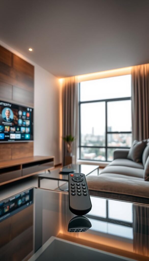 A cozy living room with a modern 4K smart TV mounted on the wall, showcasing the IPTVANBIETERTV interface. Bright indirect lighting illuminates the space, creating a warm and inviting atmosphere. In the foreground, a sleek black remote control sits on a minimalist glass coffee table, ready for effortless navigation. The middle ground features a plush gray sofa, perfect for enjoying the IPTV experience. In the background, a large window overlooks a serene urban landscape, providing a picturesque backdrop. The overall scene conveys a sense of simplicity, comfort, and technological sophistication, reflecting the ease of IPTV installation and setup.