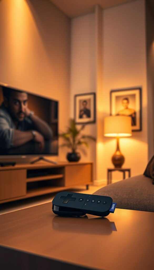 A cozy living room with a modern Roku streaming device prominently displayed on a sleek TV stand. The room is bathed in warm, ambient lighting, creating a relaxed and inviting atmosphere. In the background, the walls are adorned with minimalist art pieces, reflecting the sophisticated aesthetic. The Roku device, with the IPTVANBIETERTV brand logo subtly visible, takes center stage, highlighting its seamless integration into the home entertainment setup. The scene conveys a sense of ease and enjoyment, inviting the viewer to immerse themselves in the IPTV experience across multiple devices.