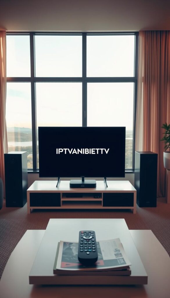 A cozy living room with a modern entertainment setup. In the center, a sleek TV displays the IPTVANBIETERTV logo, flanked by a pair of high-end speakers. The room is bathed in warm, diffused lighting, creating a welcoming atmosphere. In the foreground, a minimalist coffee table holds a remote control and a few magazines. The background features floor-to-ceiling windows, offering a glimpse of a serene outdoor landscape. The overall scene conveys a sense of comfort and technological sophistication, perfect for illustrating the installation and setup of a reliable IPTV service.