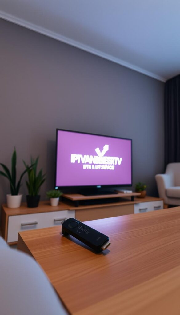 A cozy living room with a sleek black Firestick device prominently displayed on a wooden TV stand. Soft ambient lighting illuminates the scene, creating a warm and inviting atmosphere. On the screen, the IPTVANBIETERTV logo is prominently displayed, indicating the IPTV service being installed. The room is clean and minimalist, with a few potted plants and a comfy-looking armchair in the background, suggesting a relaxed and modern setting. The Firestick is the focal point, surrounded by simple, yet stylish decor that complements the technology-focused theme.