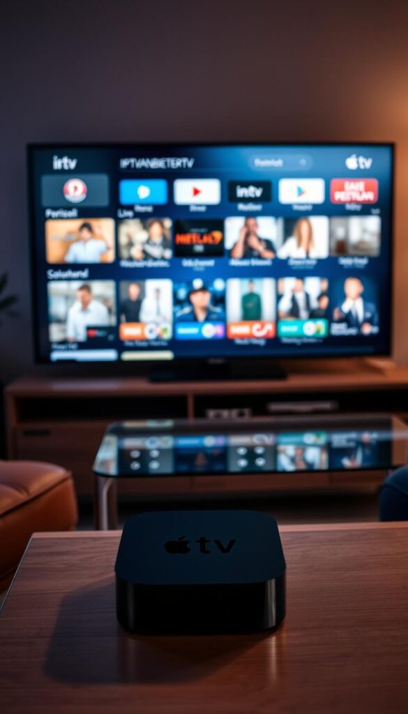 A cozy living room with an Apple TV device prominently displayed on an entertainment center. Soft ambient lighting casts a warm glow, highlighting the sleek design of the Apple TV. In the background, a large flat-screen TV showcases the IPTVANBIETERTV interface, displaying a diverse selection of live channels and on-demand content. The room exudes a sense of comfort and convenience, reflecting the advantages of IPTV Deutschland on the Apple TV platform. The scene conveys the user-friendly experience of accessing a wide range of high-quality entertainment options from the comfort of one's home.