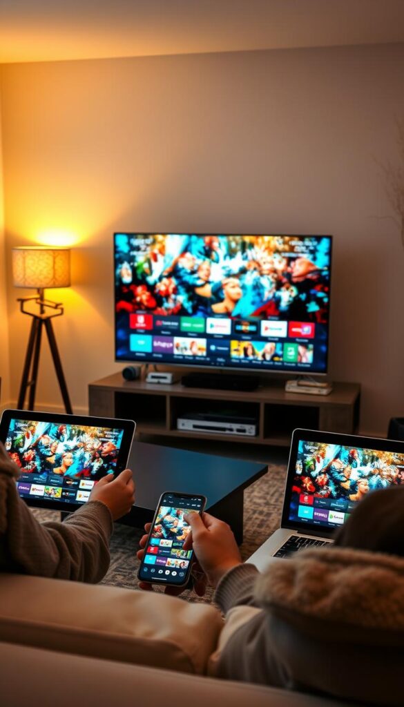 A cozy living room with multiple devices effortlessly connected to IPTVANBIETERTV, showcasing the seamless experience of IPTV on various screens. A large flatscreen TV dominates the scene, its display flickering with vivid, high-definition content. Surrounding it, a tablet, a smartphone, and a laptop, all tuned in to the same IPTV feed, allowing users to enjoy their favorite shows and movies simultaneously across different devices. Warm, indirect lighting creates a comfortable ambiance, while the clean, modern interior design underscores the flexibility and convenience of IPTV auf mehreren Geräten.