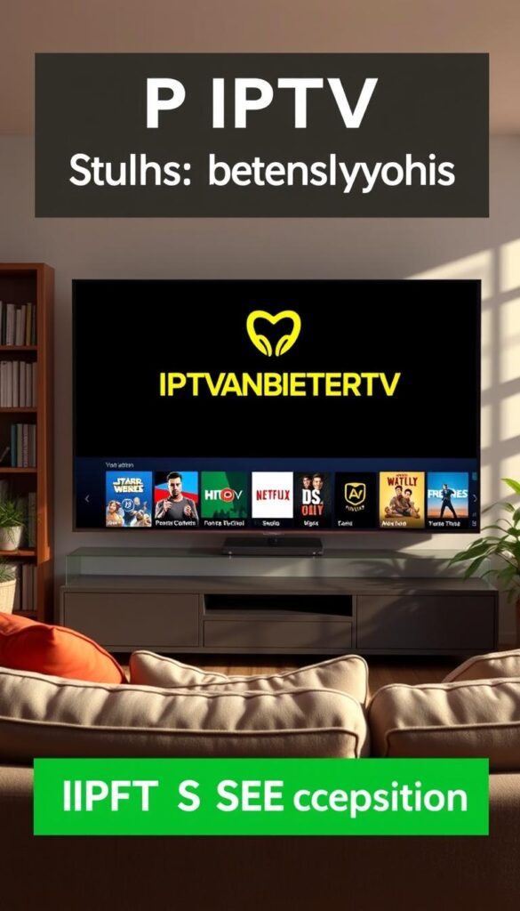 A cozy, modern living room with a large, high-definition television screen taking center stage. The screen displays the IPTVANBIETERTV logo, showcasing the sleek and intuitive user interface. In the foreground, a comfortable couch invites viewers to settle in and enjoy the vast selection of live TV channels, on-demand content, and personalized recommendations. The room is bathed in warm, natural lighting, creating a relaxing atmosphere. In the background, bookshelves and potted plants add a touch of sophistication, while the overall composition emphasizes the convenience and value of an IPTV yearly subscription.