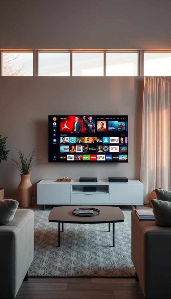 A cozy, modern living room with a sleek, minimalist television stand displaying the IPTVANBIETERTV logo prominently. The room is filled with warm, natural lighting filtering through large windows, casting a soft glow on the muted, earthy tones of the furniture and decor. On the television screen, a vibrant, high-definition display showcases a diverse range of entertainment options, reflecting the versatility and value of the IPTV service. The overall scene conveys a sense of comfort, convenience, and the effortless enjoyment of a wide variety of content at an affordable price point.