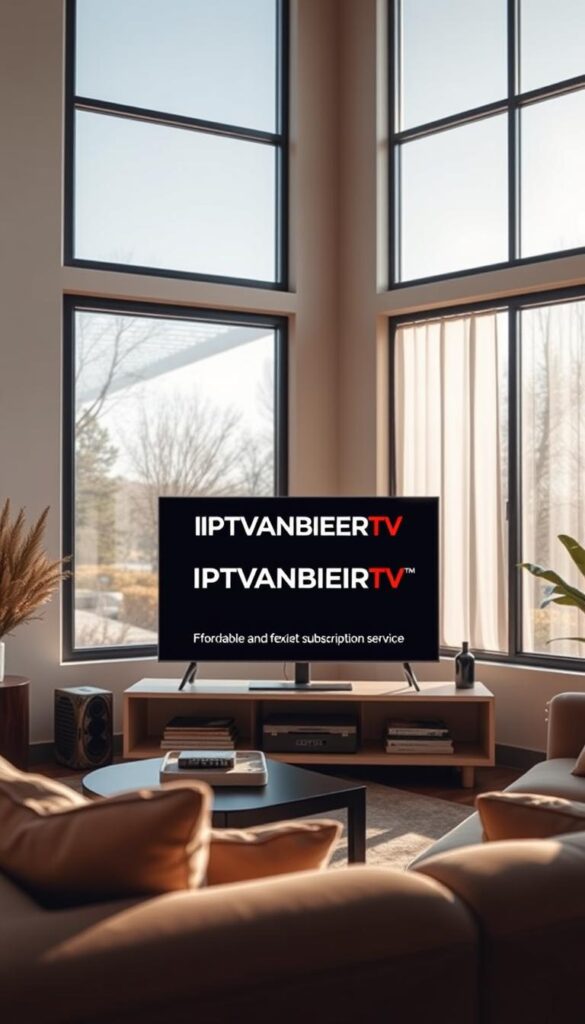 A cozy, modern living room with large windows letting in natural light. On a sleek, minimalist TV stand, the IPTVANBIETERTV logo is prominently displayed, indicating an affordable and flexible IPTV subscription service. The room has a warm, inviting atmosphere, with plush, comfortable seating and subtle decor accents. The overall scene conveys transparency, value, and a hassle-free IPTV experience.