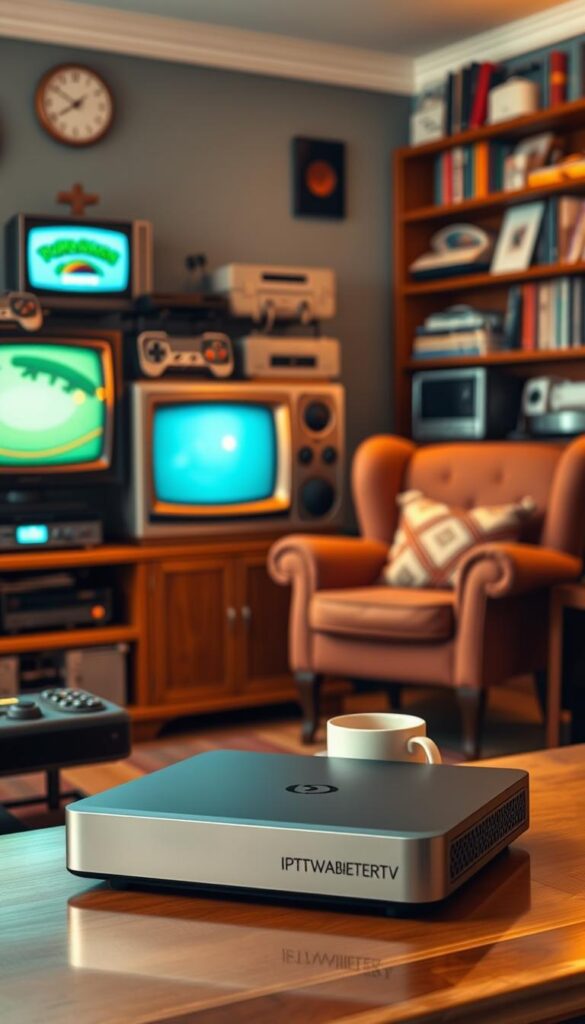 A cozy retro living room with a vintage television set and an array of classic gaming consoles, illuminated by warm, soft lighting. In the foreground, a sleek, modern IPTVANBIETERTV set-top box seamlessly blends with the retro aesthetic, hinting at its ability to serve high-quality IPTV content to older devices. The middle ground features a comfortable armchair and a side table with a cup of coffee, creating a inviting atmosphere. The background showcases a bookshelf filled with nostalgic memorabilia, adding to the overall charm of the scene.