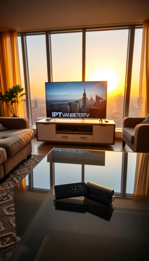 A cozy, warm-lit living room with a modern IPTV setup on a large flatscreen TV. In the foreground, a sleek, black Firestick device sits prominently on a glass-topped coffee table, surrounded by a comfortable sofa and armchair. The middle ground features a minimalist entertainment unit displaying the IPTVANBIETERTV logo, showcasing various pricing and package options. The background depicts a serene city skyline visible through large windows, bathed in the golden glow of the setting sun. The overall mood is one of sophistication, convenience, and affordability.