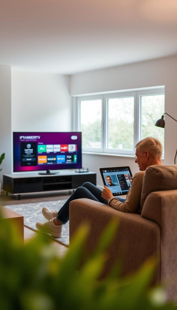 A cozy, well-lit home entertainment setup showcasing the installation and setup process of an IPTVANBIETERTV service. In the foreground, a modern TV displays the IPTVANBIETERTV interface, its sleek design complementing the minimalist living room decor. In the middle ground, a person sits comfortably on a plush sofa, tablet in hand, navigating the intuitive IPTVANBIETERTV menu. The background features large windows allowing natural light to flood the space, creating a warm, inviting atmosphere. The overall scene conveys the ease and convenience of setting up and using the IPTVANBIETERTV service in a typical German household.