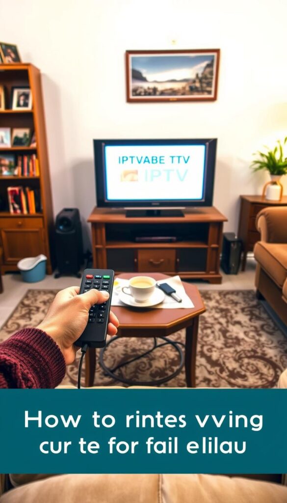 A cozy, well-lit living room scene with an older-model television set prominently displayed. The TV screen shows the IPTVANBIETERTV logo, indicating the IPTV service. In the foreground, a pair of hands, presumably belonging to an elderly person, are shown carefully setting up the IPTV connection using a remote control and various cables. The middle ground features a side table with a cup of tea and a newspaper, suggesting a relaxed, at-home atmosphere. The background showcases a tasteful, traditional decor with a bookshelf and a few framed photographs, creating a sense of comfort and familiarity. The overall mood is one of simplicity, ease, and a focus on making technology accessible for older users.