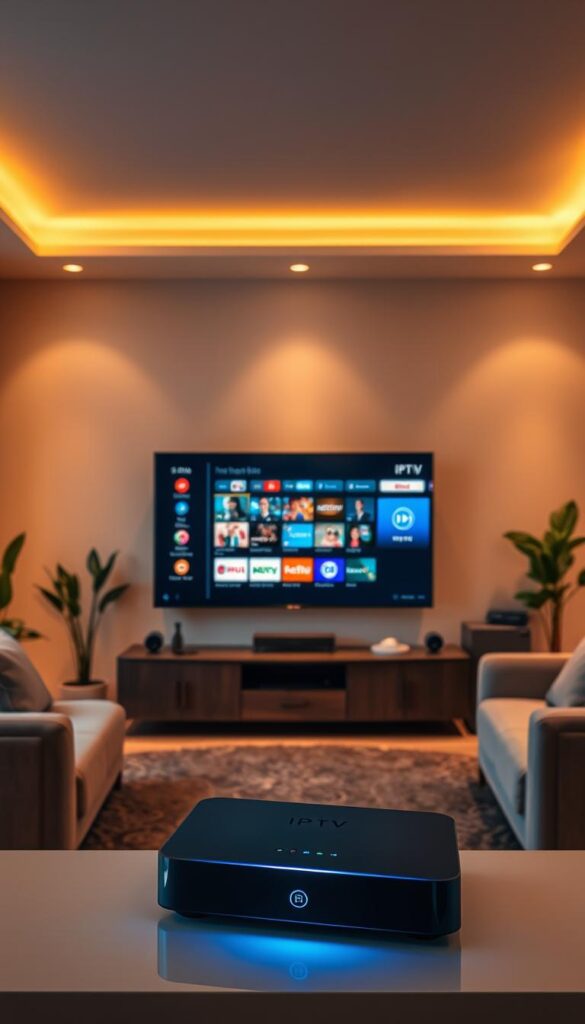 A cozy, well-lit living room with a large, modern smart TV mounted on the wall. In the foreground, a sleek, high-tech IPTVANBIETERTV box sits on a minimalist TV stand, its interface displayed on the screen, showcasing a wide range of IPTV channels and on-demand content. The room is bathed in warm, ambient lighting, creating a comfortable, cinema-like atmosphere. The TV is surrounded by plush furniture, lush indoor plants, and subtle decorative elements, suggesting a premium, high-end home entertainment setup. The overall scene conveys the idea of a seamless, immersive IPTV experience tailored for smart TV enthusiasts.
