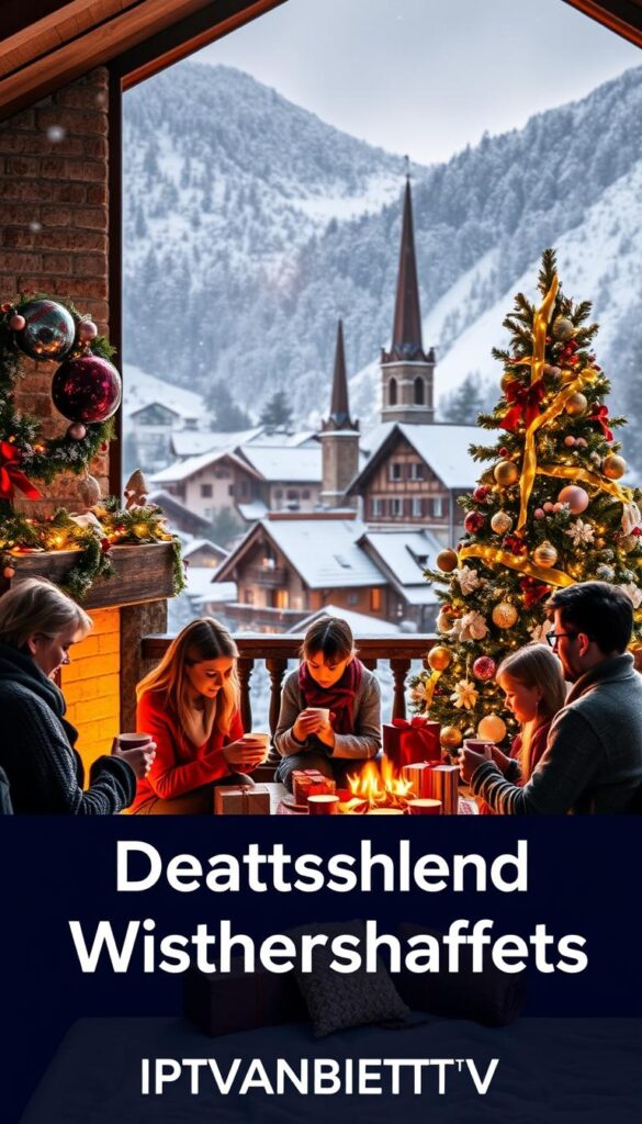 A cozy winter scene showcasing the "IPTV Deutschland Weihnachtsangebote" by "IPTVANBIETERTV". In the foreground, a family gathers around a crackling fireplace, sipping hot cocoa and unwrapping festive gifts. The middle ground features a beautifully decorated Christmas tree, adorned with twinkling lights and shimmering ornaments. In the background, a snowy German town nestled in the Alps comes into view, with charming wooden chalets and a church steeple peeking through the falling snow. The overall atmosphere is warm, inviting, and captures the essence of a traditional German Christmas.