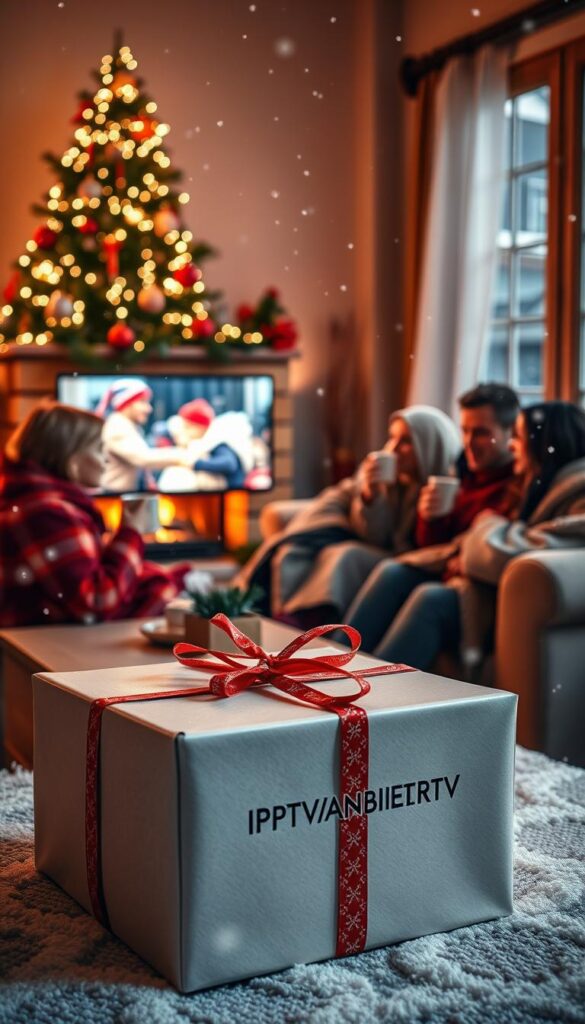 A cozy winter scene with a twinkling Christmas tree, warm fireplace, and a family gathered around enjoying an IPTV movie night. The soft glow of the TV illuminates their faces as they snuggle under blankets, sipping hot cocoa. In the foreground, a wrapped gift box with the IPTVANBIETERTV logo sits on a coffee table, beckoning to be opened. The room is adorned with festive decorations, creating a serene and inviting atmosphere. Gentle snowfall can be seen through the window, adding to the peaceful ambiance. The image conveys the joy and togetherness of the holiday season, with IPTV as the centerpiece of this heartwarming family moment.