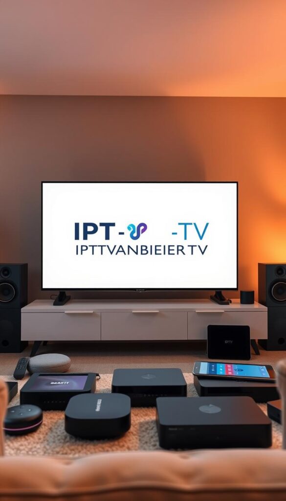 A crisp and modern digital technology setup showcasing the IPTV-Technologie concept. A sleek television set displays the IPTVANBIETERTV brand name, surrounded by various devices like smart speakers, tablets, and streaming boxes. The scene is bathed in warm, diffused lighting, creating a cozy and inviting atmosphere. The arrangement is designed to highlight the seamless integration and versatility of IPTV technology, allowing users to access a wide range of content across multiple devices. The overall composition emphasizes the innovative and user-friendly nature of this cutting-edge entertainment solution.