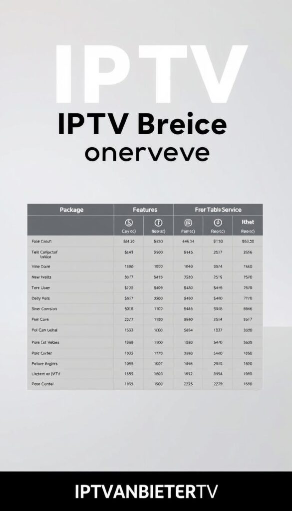 A crisp, clean, and visually striking image of a comprehensive IPTV price overview for IPTVANBIETERTV. The foreground showcases a neatly arranged table with clear pricing details, package options, and feature breakdowns. The middle ground features sleek, modern icons and graphics to highlight key services. The background is a minimalist, slightly blurred grey gradient, allowing the pricing information to take center stage. The lighting is soft and even, with a subtle, professional tone. The overall composition is balanced, easy to read, and visually appealing, perfectly suited to illustrate the article's pricing section.