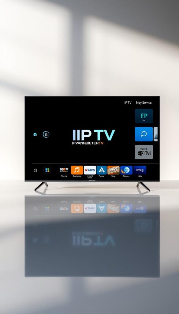 A crisp, high-resolution image of a modern IPTV service interface displayed on a sleek, minimalist digital device. The screen shows the IPTVANBIETERTV brand logo prominently in the center, surrounded by a clean, uncluttered UI with intuitive icons and menus. The device is placed on a reflective, glossy surface, creating a sense of depth and sophistication. Soft, directional lighting illuminates the scene, accentuating the device's premium design and the vibrant colors of the digital interface. The overall mood is one of simplicity, accessibility, and a premium IPTV experience.