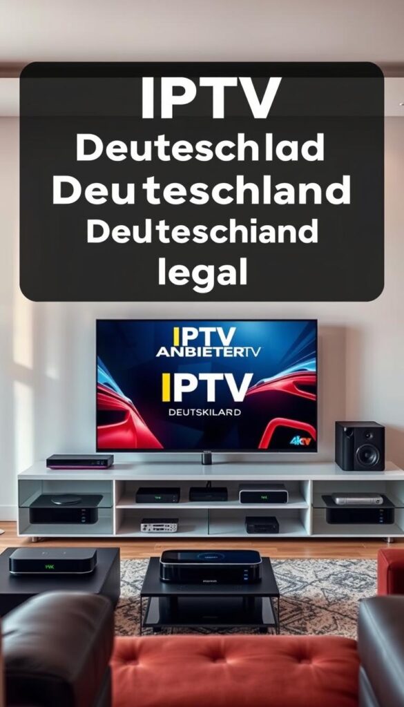 A crisp, professional-looking image of "IPTV Deutschland legal" with the "IPTVANBIETERTV" brand prominently displayed. The scene should depict a modern, sleek home entertainment setup, including a high-quality 4K TV, streaming devices, and other contemporary digital media equipment. The lighting should be soft and natural, creating a warm, inviting atmosphere. The composition should be balanced, with the "IPTVANBIETERTV" branding tastefully integrated into the design. The overall mood should convey a sense of legality, reliability, and technological sophistication, fitting the subject matter of the article section.