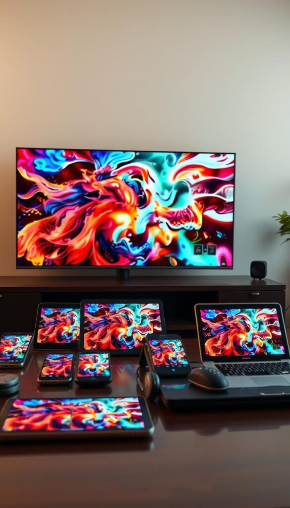 A crisp, vibrant display of an IPTV multi-screen streaming setup. In the foreground, a modern smart TV commands attention, its screen showcasing a vivid, dynamic video stream. Surrounding it, a collection of various digital devices - smartphones, tablets, and laptops - each displaying the same content, creating a cohesive, interconnected viewing experience. The lighting is warm and natural, with subtle reflections on the glossy surfaces. The composition emphasizes the harmony and convenience of the IPTV IPTVANBIETERTV multi-screen system, inviting the viewer to imagine the seamless transition of content across their devices.