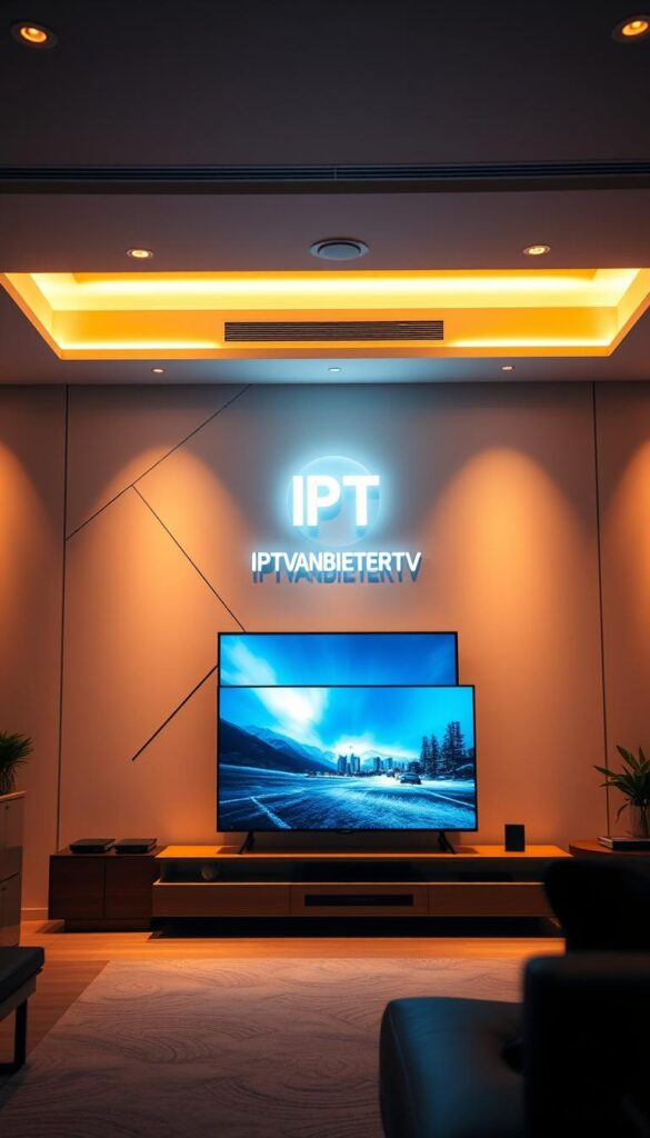 A cutting-edge IPTV system, featuring a sleek and modern control interface. The scene depicts a sophisticated media hub, with a minimalist design and a prominent "IPTVANBIETERTV" logo. The interior is bathed in warm, ambient lighting, creating a cozy and inviting atmosphere. In the foreground, a high-resolution display showcases crystal-clear video content, while the background features clean, geometric shapes and a subtle gradient. The overall composition conveys a sense of technological prowess and user-friendly simplicity, perfectly capturing the essence of IPTV technology.