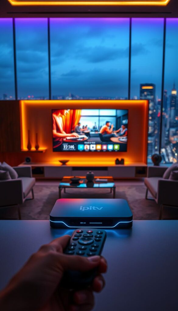 A cutting-edge IPTV technology landscape showcasing a sleek, futuristic IPTVANBIETERTV device set against a backdrop of a modern, minimalist living room. Warm, diffused lighting emanates from the device, creating a cozy, immersive atmosphere. The IPTV interface displays vibrant, high-definition content, hinting at the boundless entertainment possibilities. In the foreground, a stylish remote control invites interaction, while the middle ground features elegant, contemporary furniture pieces that complement the overall aesthetic. The background subtly suggests a panoramic view of a bustling city skyline, symbolizing the global connectivity and accessibility of this transformative IPTV technology.
