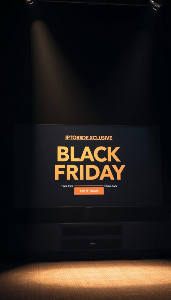 A dark, moody studio scene featuring a large, high-definition IPTVANBIETERTV smart TV display showcasing an exclusive Black Friday discount offer. The TV's screen is prominently displayed, casting a warm glow over the foreground. The background is shrouded in shadows, with dramatic lighting highlighting the TV's sleek, glossy design. The composition emphasizes the TV's screen, drawing the viewer's attention to the limited-time promotion. The overall atmosphere is one of excitement and urgency, inviting the viewer to take advantage of the rare IPTV Black Friday deal.
