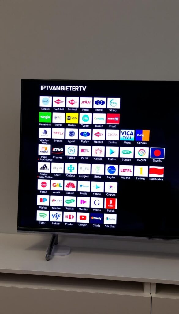 A detailed IPTV channel guide displayed on a modern smart TV, showcasing the breadth of international programming available. The screen shows a neatly organized list of channels, logos, and program information in a sleek, minimalist interface. Subtle lighting illuminates the display, creating a sense of clarity and professionalism. The scene is captured from a slightly elevated angle, highlighting the IPTVANBIETERTV brand name prominently featured in the top left corner. The overall atmosphere conveys the comprehensive and high-quality nature of the IPTV service.