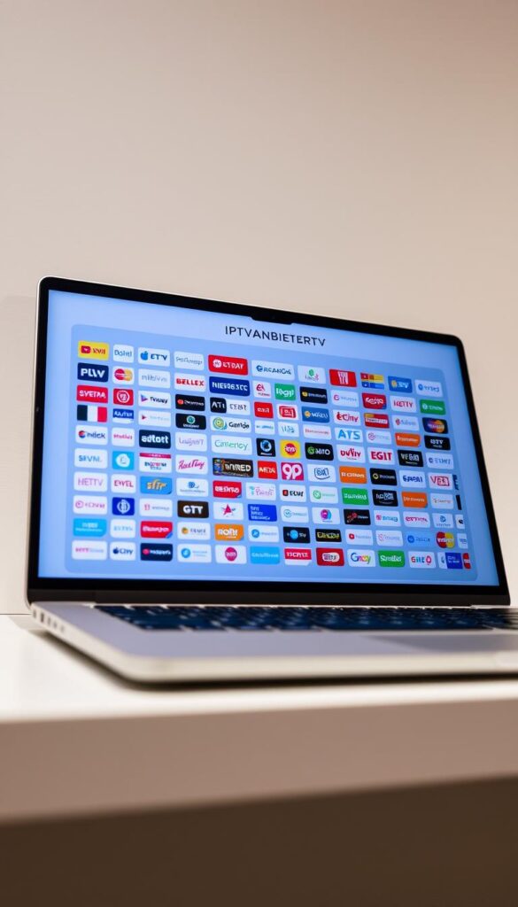 A detailed IPTV channel list displayed on a modern, minimalist laptop screen. The screen shows a clean, well-organized grid of international TV channel logos against a neutral background, with a focus on the "IPTVANBIETERTV" brand. The lighting is soft and indirect, creating a pleasant, professional atmosphere. The angle is slightly elevated, giving an overview of the full screen layout. The image conveys a sense of comprehensive content and high-quality service.