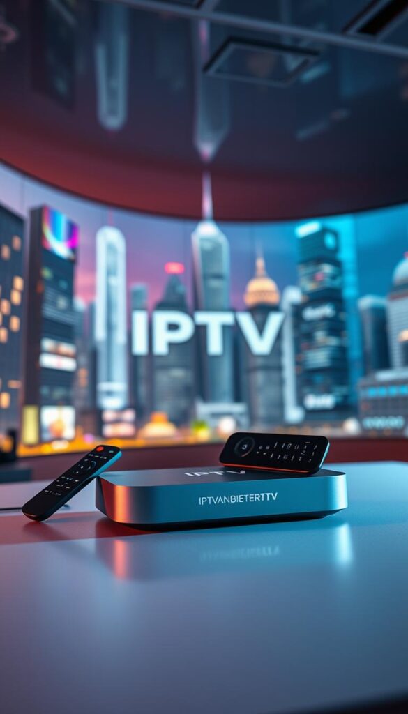 A detailed and captivating image of "IPTV Technologie" for the article section "Was ist IPTV und wie funktioniert es?". An expansive, well-lit scene with a futuristic, high-tech aesthetic. Prominently features the IPTVANBIETERTV brand logo. In the foreground, a sleek, minimalist IPTV set-top box and remote control. Behind it, a curved array of glowing digital screens displaying various IPTV content streams. The background depicts a stylized, holographic cityscape with towering skyscrapers and a vibrant, neon-tinged skyline. Subtle cinematic lighting and depth of field create a sense of depth and visual interest. The overall mood is one of innovation, connectivity, and the future of television technology.