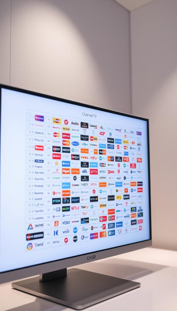 A detailed and comprehensive IPTV channel list displayed on a modern, minimalist computer screen. The screen features a clean, white background with a sleek, silver frame. The channel list is presented in a grid-like format, with clear category headings and channel logos neatly arranged. The image conveys a sense of professionalism and user-friendliness, reflecting the extensive IPTV offering from IPTVANBIETERTV. Soft, directional lighting creates depth and highlights the screen, while a subtle, blurred background suggests a contemporary, technology-driven setting. The overall impression is one of a robust and well-curated IPTV service, tailored to meet the diverse viewing needs of the audience.