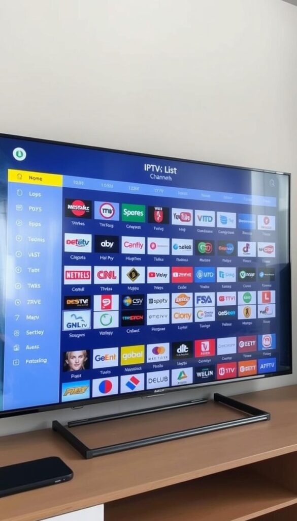 A detailed and comprehensive IPTV channel list displayed on a sleek, modern interface. The screen shows a neatly organized grid of channel logos, with a clean and minimalist design. The layout is intuitive and easy to navigate, showcasing the wide variety of content available from the IPTVANBIETERTV service. The image has a professional, high-quality appearance, with a soft, natural lighting that highlights the vibrant colors of the channel icons. The overall atmosphere conveys a sense of sophistication and technological prowess, reflecting the premium nature of the IPTVANBIETERTV offering.