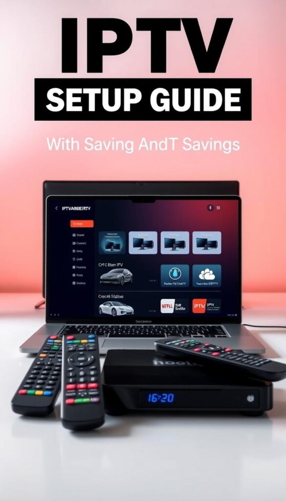 A detailed and modern IPTV setup guide with pricing and savings options. A well-lit studio scene showcasing the IPTVANBIETERTV brand, featuring an open laptop displaying product details, remote controls, and set-top boxes in the foreground. A sleek, minimal background with subtle gradients or textures to create a professional, high-quality aesthetic. Capture a sense of technology, affordability, and user-friendliness to align with the article's subject and section title.