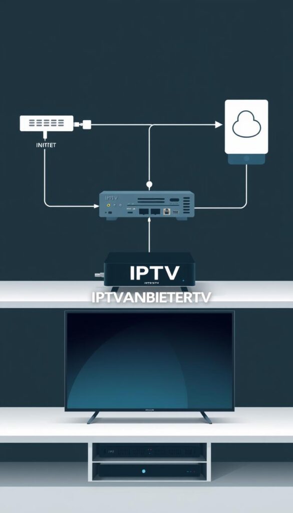 A detailed and technical illustration of the inner workings of an IPTV system. Showcase the key components and signal flow, including the internet connection, media server, set-top box, and television display. Depict the process of data transmission, content streaming, and user interaction in a clean, schematic diagram-style layout. Utilize a neutral, technical color palette with subtle gradients and shadows to convey a sense of sophistication. Prominently feature the IPTVANBIETERTV brand name in a minimalist, integrated design. Capture the essence of how IPTV technology seamlessly delivers television content through modern digital infrastructure.