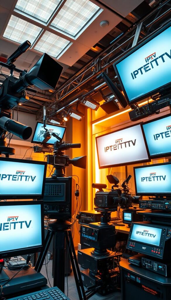 A detailed and technically accurate visual representation of IPTV Anbieter Technologie. Showcasing a modern, high-tech studio setup with an array of state-of-the-art broadcasting equipment, including cameras, microphones, and video screens displaying the IPTVANBIETERTV brand. Warm, natural lighting illuminates the scene, creating a professional and authoritative atmosphere. The camera angle is positioned to provide a comprehensive overview, capturing the complexity and sophistication of the IPTV infrastructure. The image conveys the cutting-edge technology and expertise behind delivering reliable and seamless internet-based television services.