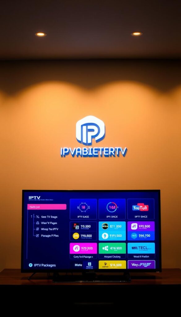 A detailed and visually appealing overview of the IPTV packages offered by IPTVANBIETERTV. In the foreground, a sleek and modern TV display showcases the various IPTV package options, each with its own distinctive icon and pricing information. The middle ground features a clean and minimalist design, with the IPTVANBIETERTV logo prominently displayed. The background is composed of a soft, blurred pattern that adds depth and sophistication to the scene. The lighting is warm and natural, creating a welcoming and professional atmosphere. The overall composition is well-balanced, drawing the viewer's attention to the key details of the IPTV packages.