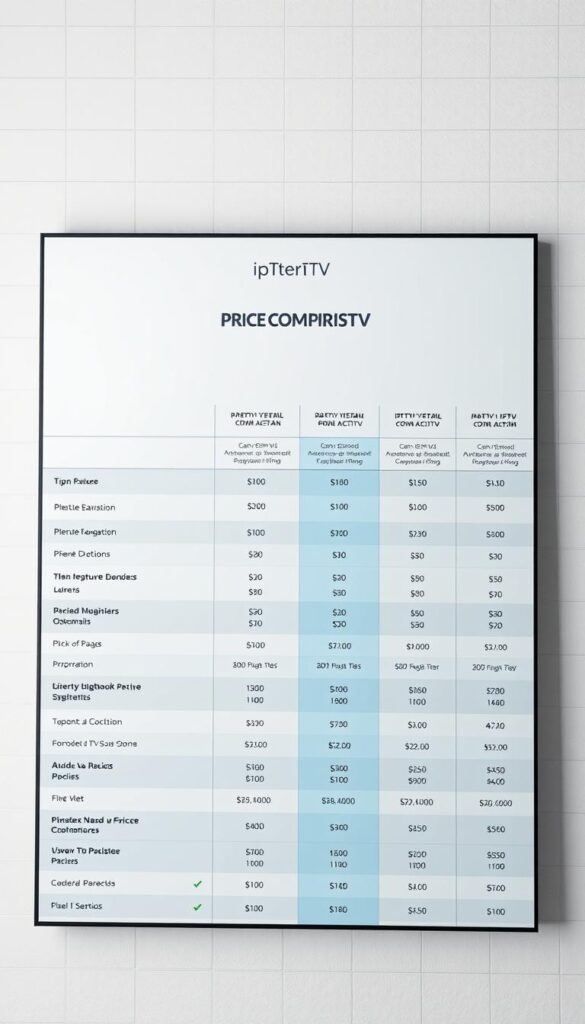 A detailed and visually appealing price comparison table showcasing the various IPTV service offerings from IPTVANBIETERTV. The table is set against a neutral, clean background, with a subtle grid or lines to organize the information. The pricing data is presented in a clear, easy-to-read format, with distinct columns for different service tiers, features, and corresponding costs. The overall design is modern, professional, and inviting, providing a comprehensive overview of the IPTV provider's pricing structure. The lighting is soft and even, with a slight hint of depth and dimension to the table, creating a sense of depth and tangibility. The camera angle is slightly elevated, giving the viewer a clear and comprehensive view of the entire price comparison table.