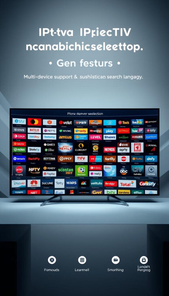 A detailed and visually captivating image of a comprehensive IPTV provider selection in Germany. Showcased in a clean, modern interface, the IPTVANBIETERTV platform presents an expansive array of television channels covering diverse genres and languages. The foreground features an elegant program grid displaying channel logos, while the middle ground highlights key features like multi-device support and a sophisticated search function. The background subtly conveys a sense of technological sophistication with subtle gradients and minimalist design elements. Soft lighting and a neutral color palette create a professional, trustworthy atmosphere, reflecting the reliability and dependability of the IPTVANBIETERTV service.