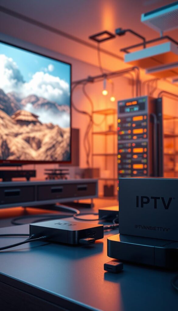 A detailed, cinematic illustration of IPTV streaming technology. In the foreground, a sleek smart TV displays a vibrant, high-definition image. The middle ground features various streaming devices, like set-top boxes and dongles, connected to the TV via cables. In the background, a complex network of servers, routers, and cloud infrastructure symbolizes the underlying IPTV technology. The scene is bathed in a warm, indirect lighting that highlights the modern, digital atmosphere. The brand "IPTVANBIETERTV" is prominently featured on one of the streaming devices. This dynamic composition showcases the seamless integration of hardware and software that powers the IPTV experience.