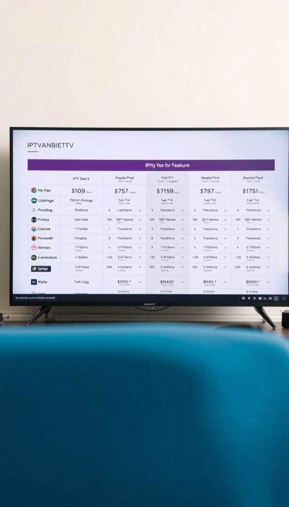 A detailed comparison of IPTV packages and prices on a clean, minimalist interface. In the foreground, a grid of IPTV service icons with their respective logos and names, including the brand "IPTVANBIETERTV". In the middle ground, an array of pricing information, plan details, and feature comparisons presented in a sleek, data-driven layout. The background is a soft, neutral gradient that allows the information to take center stage. The lighting is natural and diffused, creating a sense of clarity and professionalism. The overall mood is one of efficiency and practicality, inviting the viewer to easily navigate the IPTV pricing landscape.