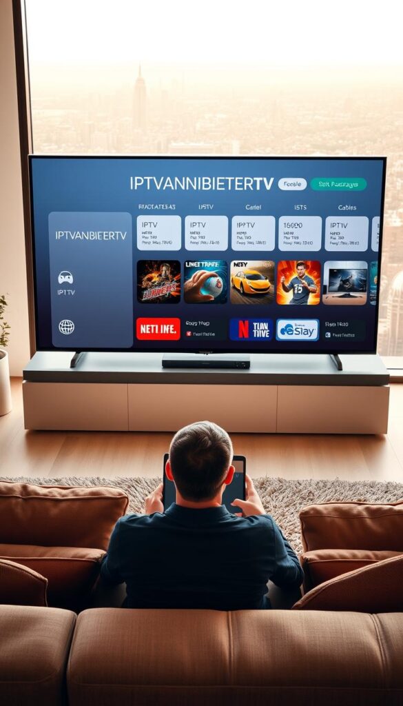 A detailed comparison of IPTV providers, showcasing the key features and differences between IPTV and cable TV. The scene depicts a sleek, modern living room with a large flatscreen TV dominating the foreground. The TV displays the IPTVANBIETERTV brand logo, with a clean, minimalist interface showcasing various IPTV packages and pricing information. In the middle ground, a person sits on a comfortable couch, tablet in hand, comparing IPTV and cable TV options. The background features a window overlooking a bustling cityscape, bathed in warm, natural lighting to create a sense of calm and focus. The overall mood is informative, authoritative, and visually appealing, reflecting the subject matter of the article section.