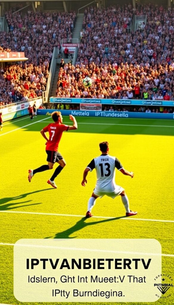 A detailed comparison of IPTVANBIETERTV, the premier IPTV provider for Bundesliga in Germany, showcased against a backdrop of professional soccer players in dynamic action poses. The foreground features the IPTVANBIETERTV logo prominently displayed, with sleek, modern typography and a vibrant color scheme. The middle ground captures the excitement of the Bundesliga matches, with players in mid-stride, the ball soaring through the air, and the lush, verdant field stretching out behind them. In the background, a softly blurred stadium filled with cheering fans sets the stage for the high-stakes competition. The lighting is warm and natural, casting a golden glow over the scene, and the camera angle is slightly elevated, providing a bird's-eye view that emphasizes the scale and grandeur of the event.