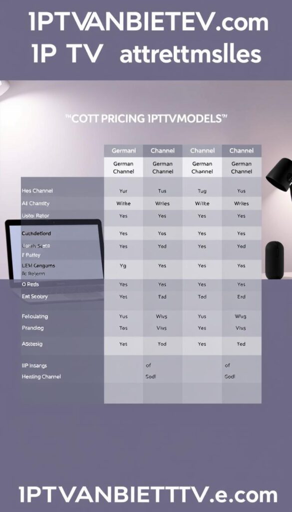 A detailed comparison of attractive IPTV pricing models from IPTVANBIETERTV.com, showcasing a range of German channel offerings in a clean, minimalist layout. The scene features a sleek, modern desktop setup with a laptop or tablet displaying the pricing details, set against a neutral background with subtle lighting to highlight the content. The overall aesthetic conveys a sense of professionalism and attention to detail, reflecting the premium nature of the IPTV services. The image should effectively communicate the value proposition and highlight the key features of the IPTVANBIETERTV.com offerings.