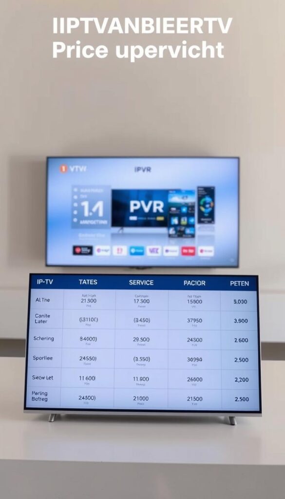 A detailed, comprehensive price overview of IPTVANBIETERTV's IPTV PVR features. In the foreground, a modern, minimalist user interface showcases the various service plans and their respective costs. The middle ground features a sleek, high-resolution display depicting the PVR functionality, with crisp icons and intuitive controls. The background has a soft, muted gradient that creates a sense of depth and professionalism. The lighting is clean and evenly distributed, with a subtle warm tone that enhances the overall aesthetics. The camera angle is slightly elevated, providing a clear, unobstructed view of the entire scene. The mood is informative, well-organized, and visually appealing, perfectly suited to illustrate the "Detaillierte Preisübersicht" section of the article.